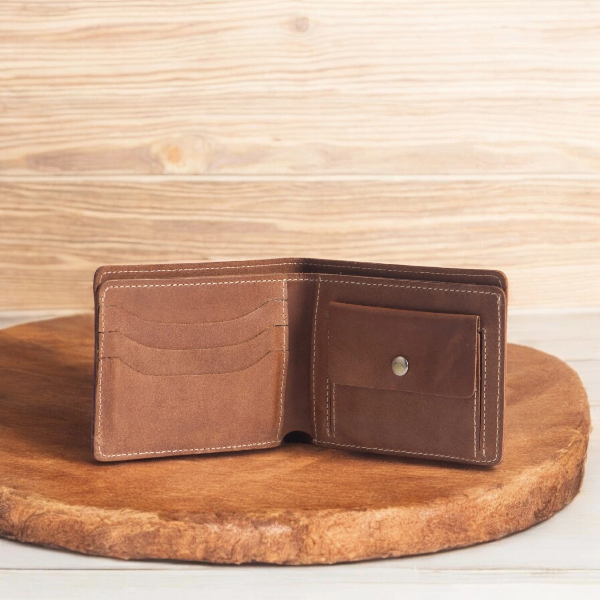 Cognac Full Grain Leather Wallet with Coin Pouch