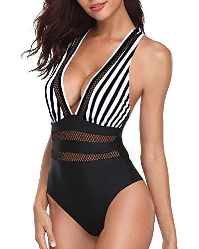 Curve-Contouring Criss-Cross Back Bathing Suit Monokini Swimsuits-Black And White Stripe