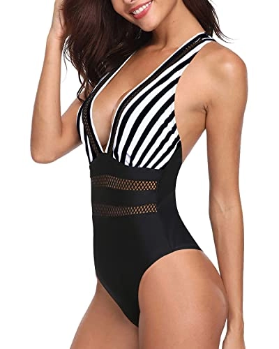 Curve-Contouring Criss-Cross Back Bathing Suit Monokini Swimsuits-Black And White Stripe