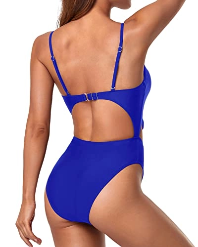 Cute Tie Knot Front V Neck 1 Piece Swimsuits-Royal Blue