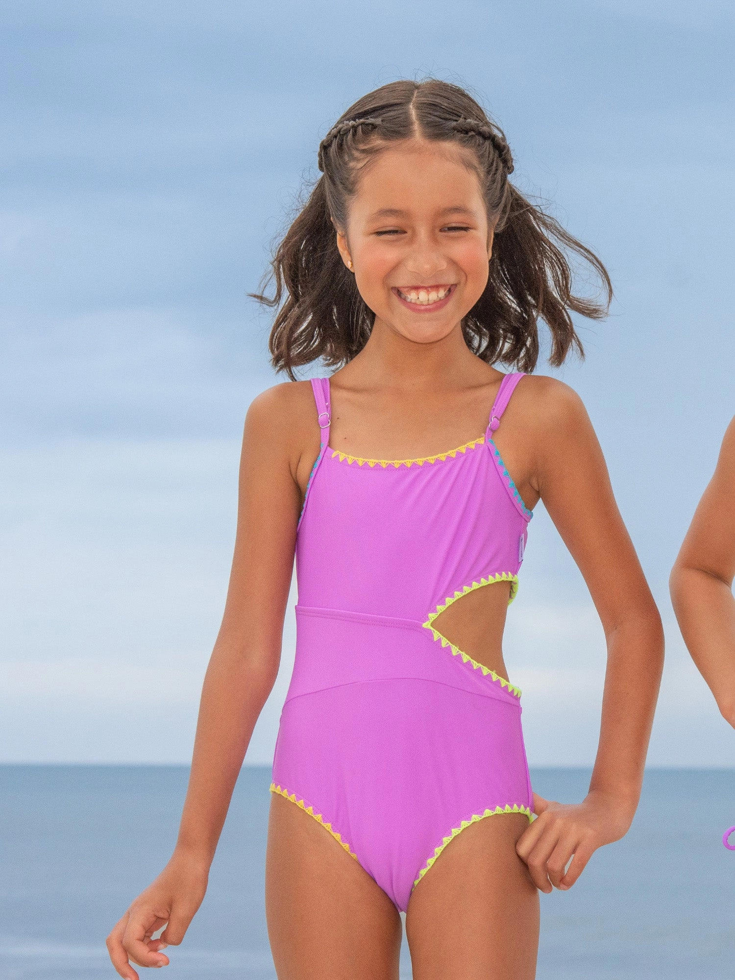 Embroidered Trim Cutout One Piece Swimsuit - Orchid