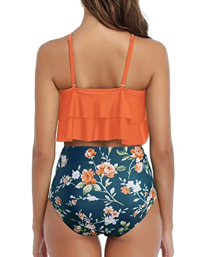 Feminine Ruffle High Waisted Ruched 2 Piece Bikini Set-Orange Flowers