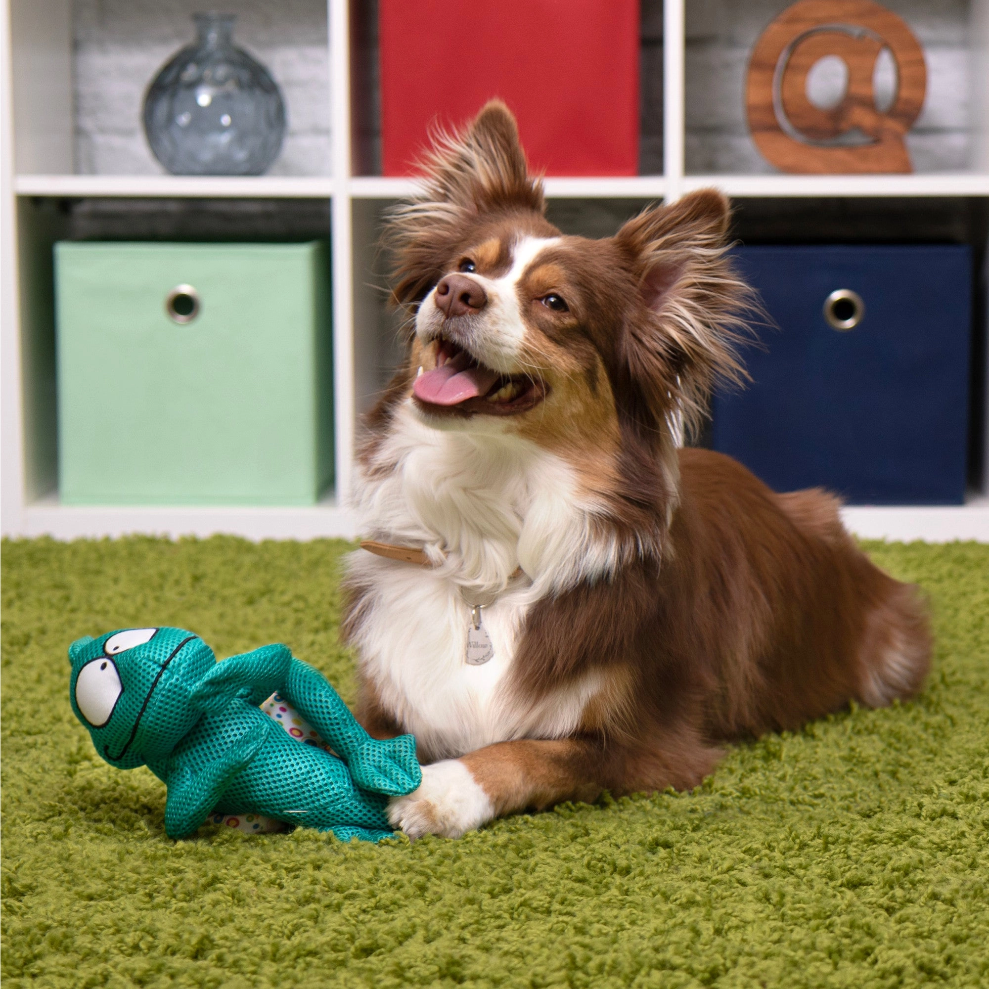 goDog Double Chew Guard Technology Chameleon Squeaker Plush Dog Toy, Teal, Medium