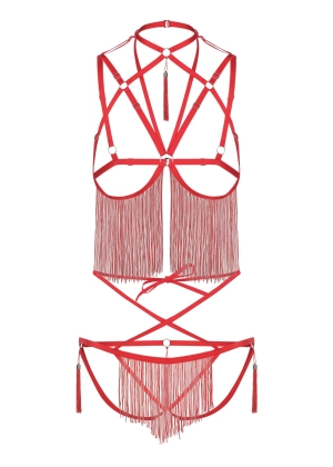 Night Of Enticements Cupless Bra with Open Panties Set (Red)
