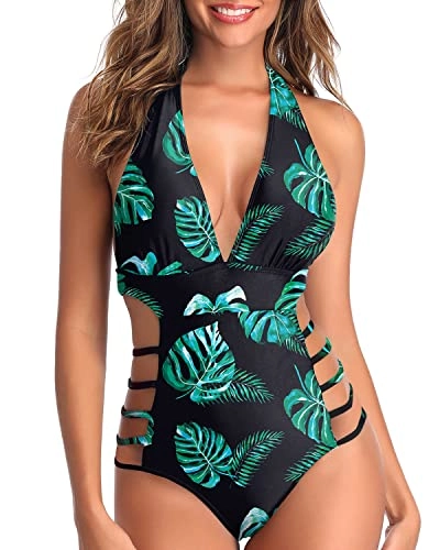 Removable Padded Push-Up Bra Sexy One Piece Swimsuits-Black And Green Leaf