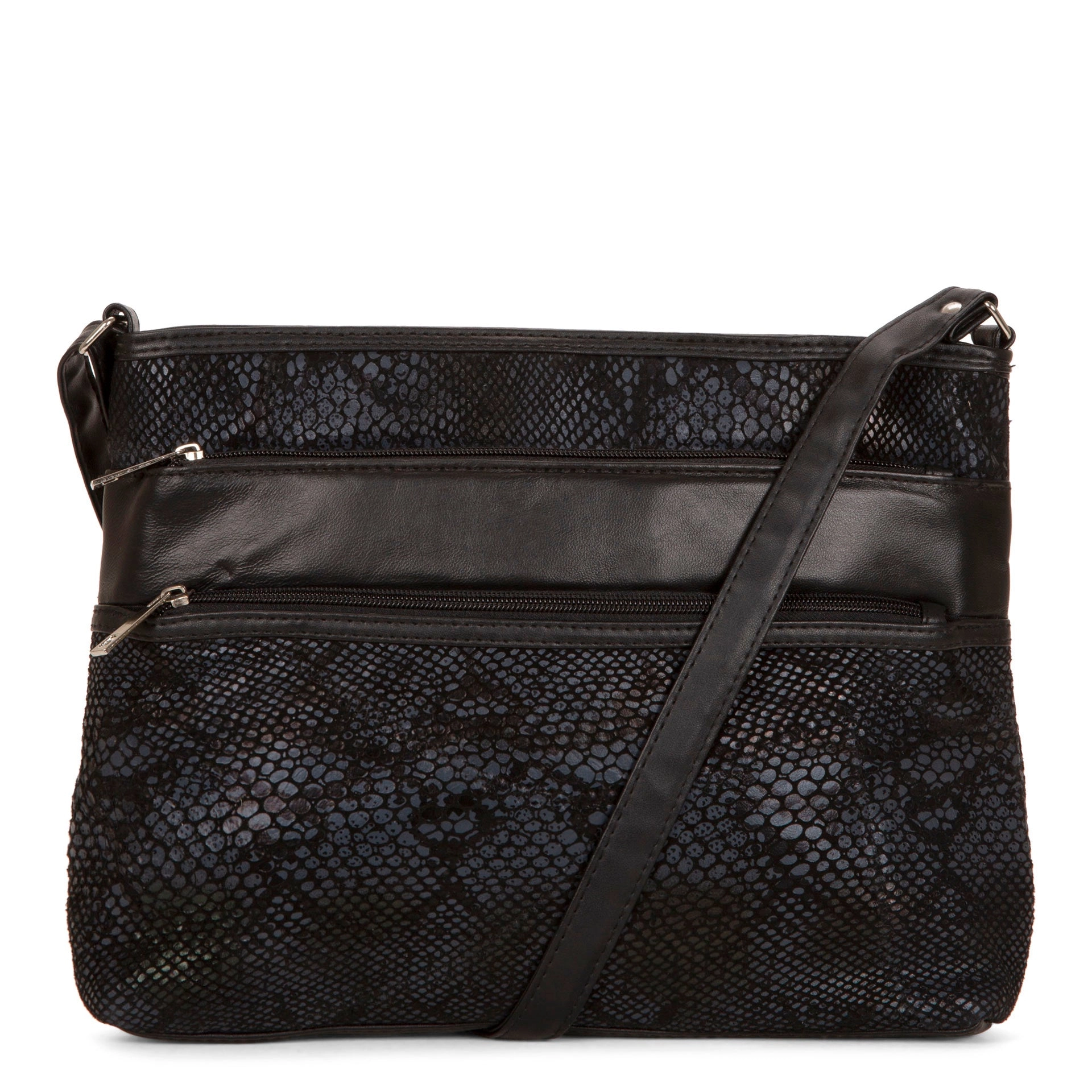 RFID Patch Leather Double Zip Crossbody