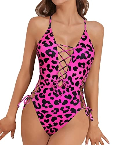 Sexy Lace Up One Piece Bathing Suits Deep Plunge V Neck Womens 1 Piece Swimsuits-Pink Leopard