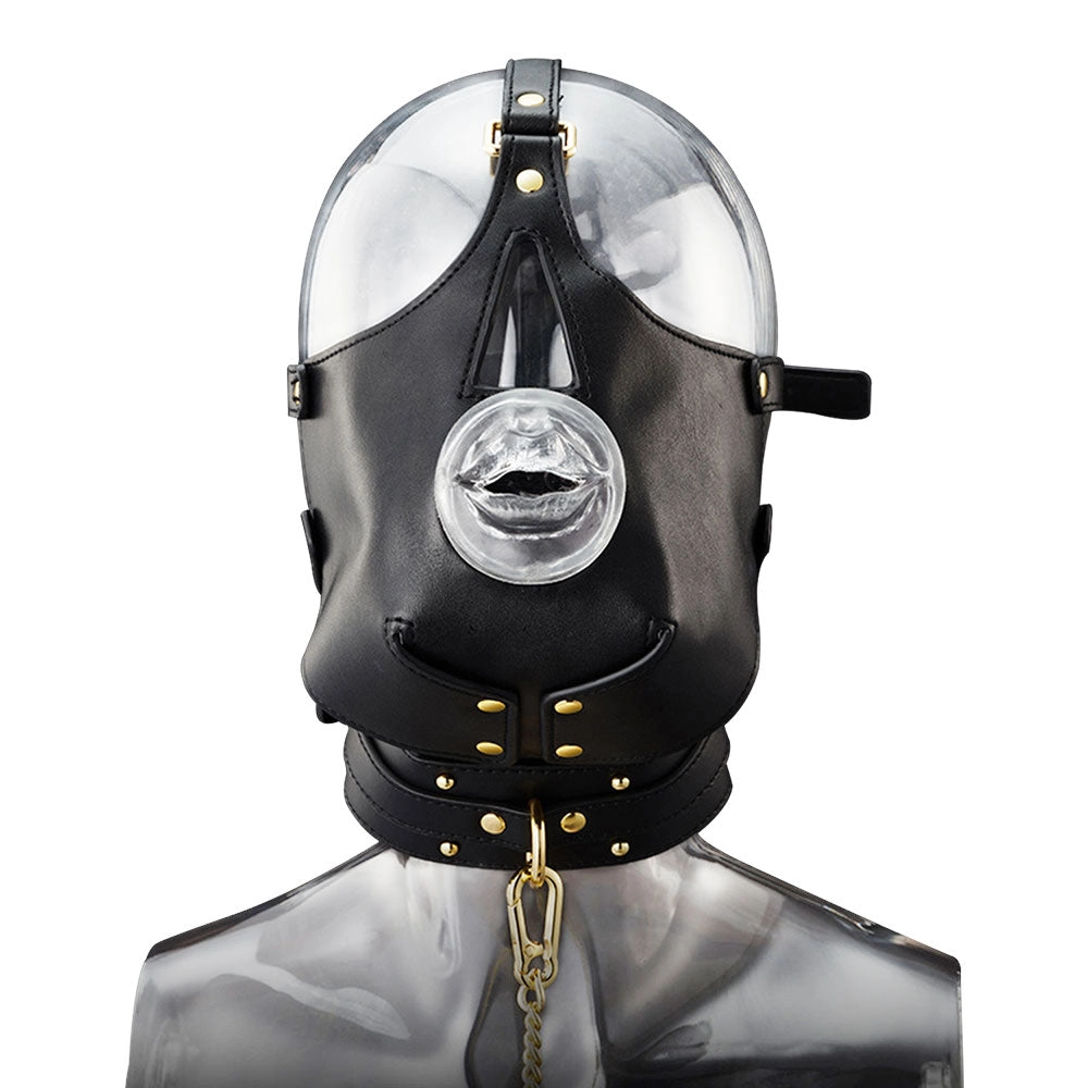 SM Leather Mask Head with Gag Conditioning Slave  Deep  Throat Perverted Bondage Chain Sex Toys