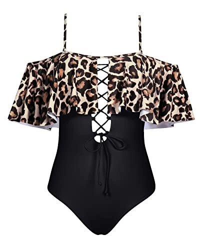 Trendy Strapless Off The Shoulder One Piece Swimsuit For Teens-Black And Leopard