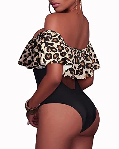 Trendy Strapless Off The Shoulder One Piece Swimsuit For Teens-Black And Leopard