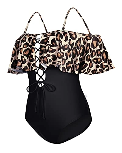 Trendy Strapless Off The Shoulder One Piece Swimsuit For Teens-Black And Leopard