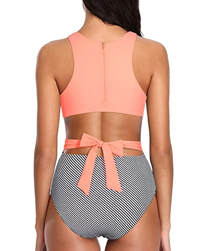 Tropical Printed Pattern Tummy Control Cutout Monokini-Coral Pink Stripe