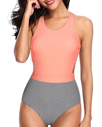 Tropical Printed Pattern Tummy Control Cutout Monokini-Coral Pink Stripe