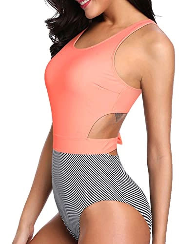 Tropical Printed Pattern Tummy Control Cutout Monokini-Coral Pink Stripe